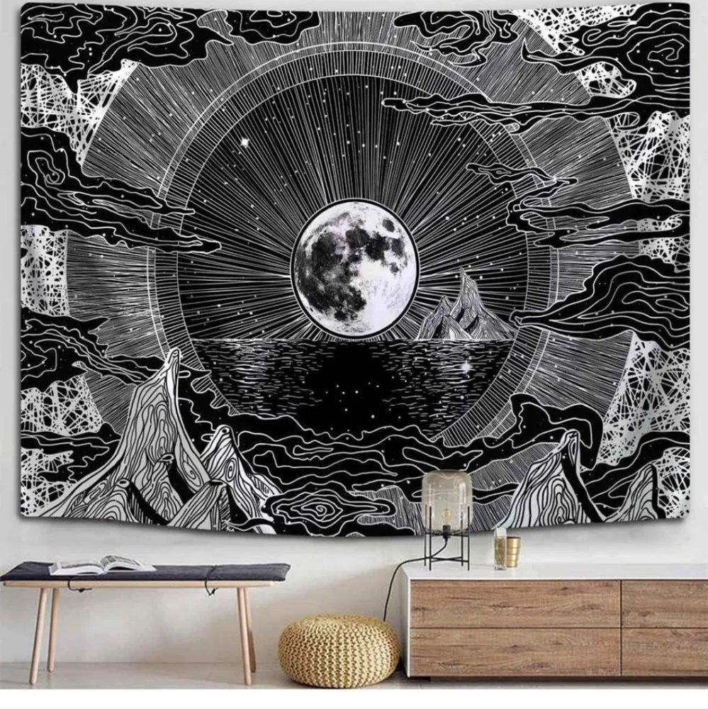 Moon Mountians Tapestry Black and White Wall Hanging Art 51x60 Inches